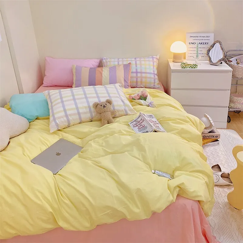 100% Cotton Block Colour Korean Bedding Set