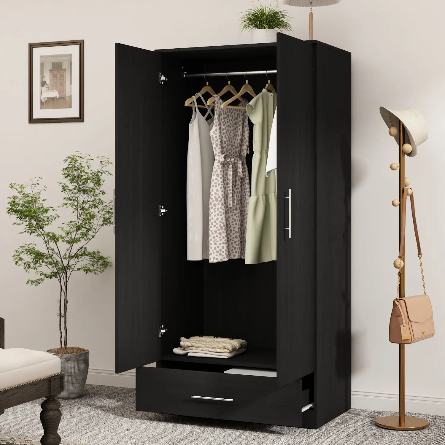 2-Door Wardrobe Cabinet with 1 Drawer Armoire for Bedroom Storage