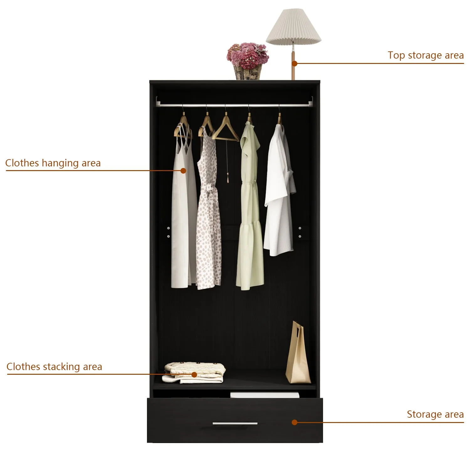 2-Door Wardrobe Cabinet with 1 Drawer Armoire for Bedroom Storage