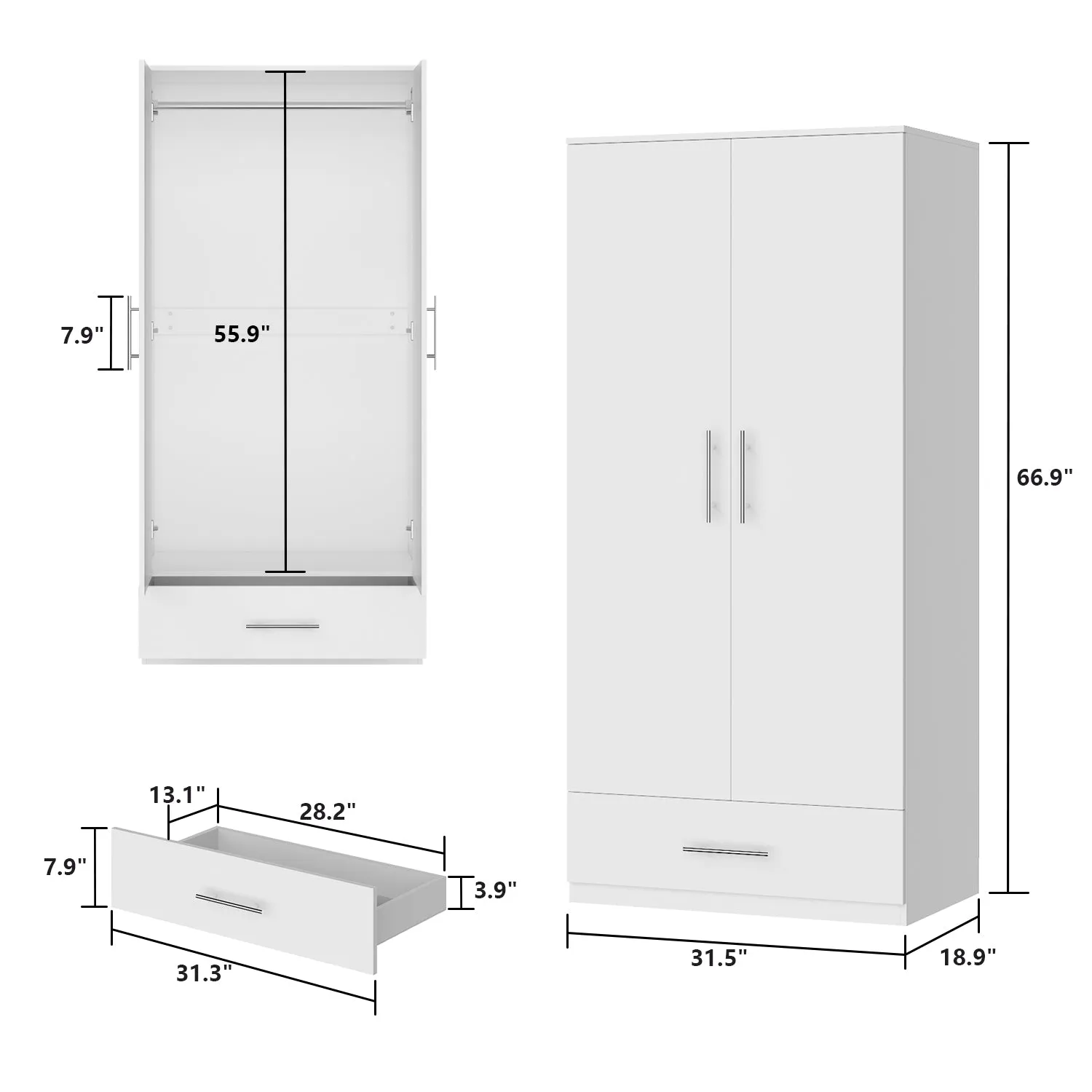 2-Door Wardrobe Cabinet with 1 Drawer Armoire for Bedroom Storage