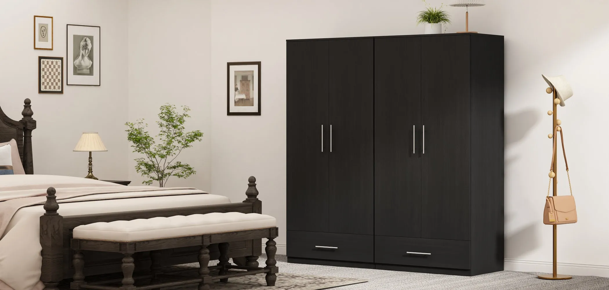 2-Door Wardrobe Cabinet with 1 Drawer Armoire for Bedroom Storage