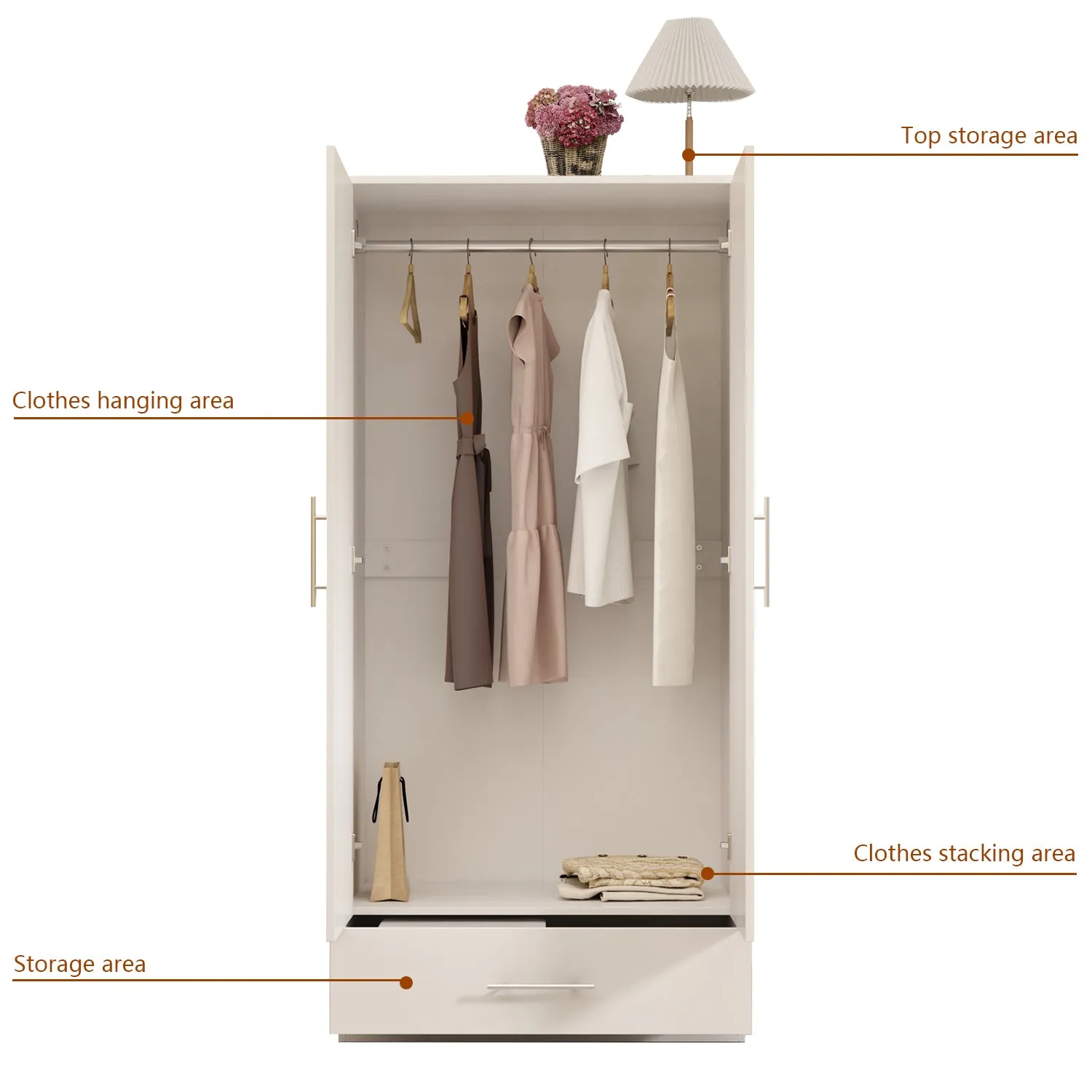 2-Door Wardrobe Cabinet with 1 Drawer Armoire for Bedroom Storage