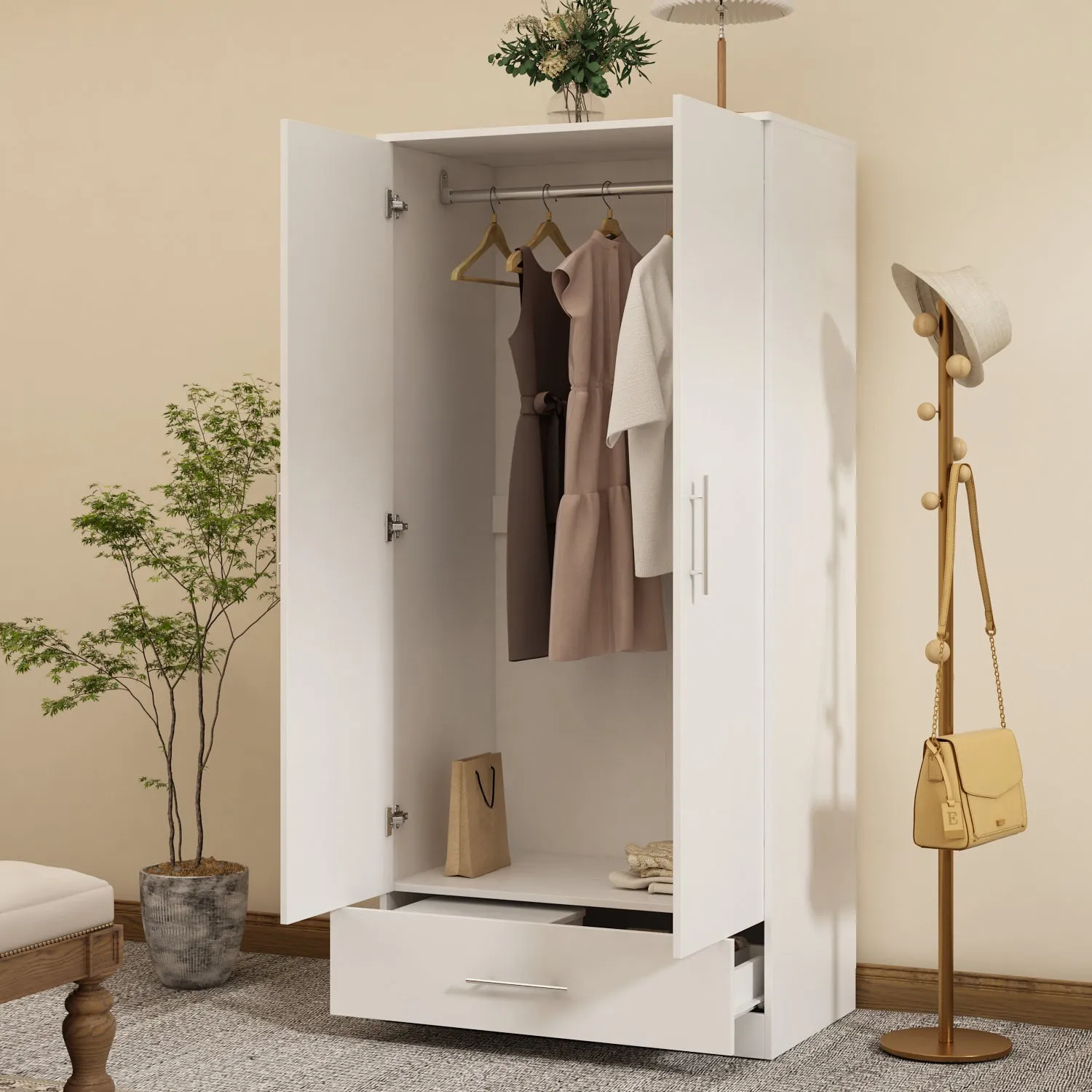 2-Door Wardrobe Cabinet with 1 Drawer Armoire for Bedroom Storage