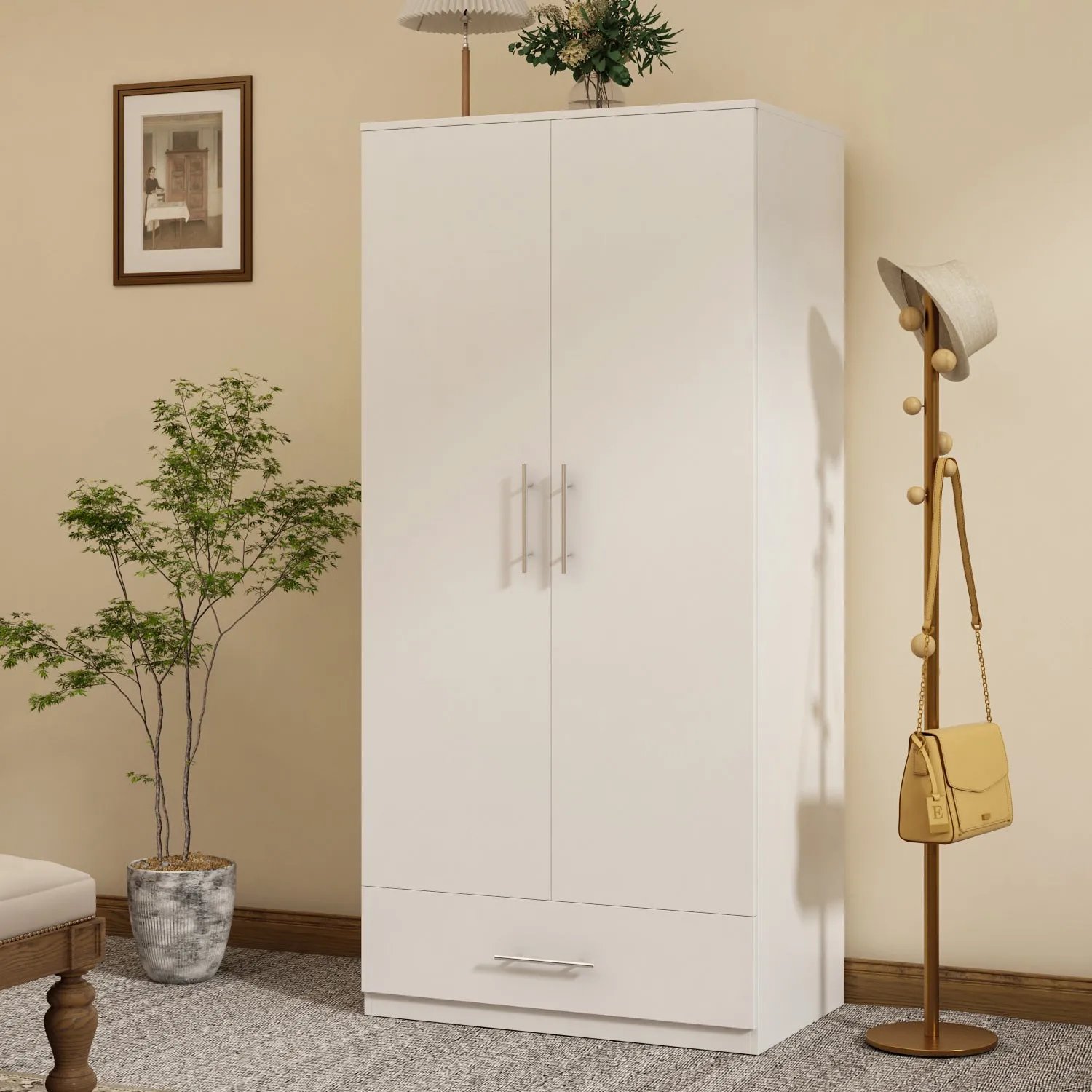 2-Door Wardrobe Cabinet with 1 Drawer Armoire for Bedroom Storage