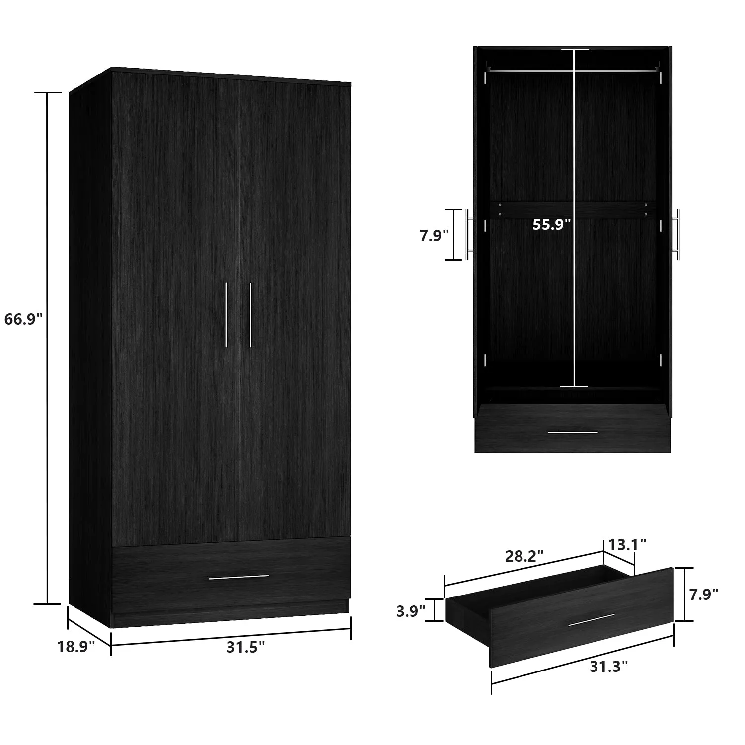 2-Door Wardrobe Cabinet with 1 Drawer Armoire for Bedroom Storage