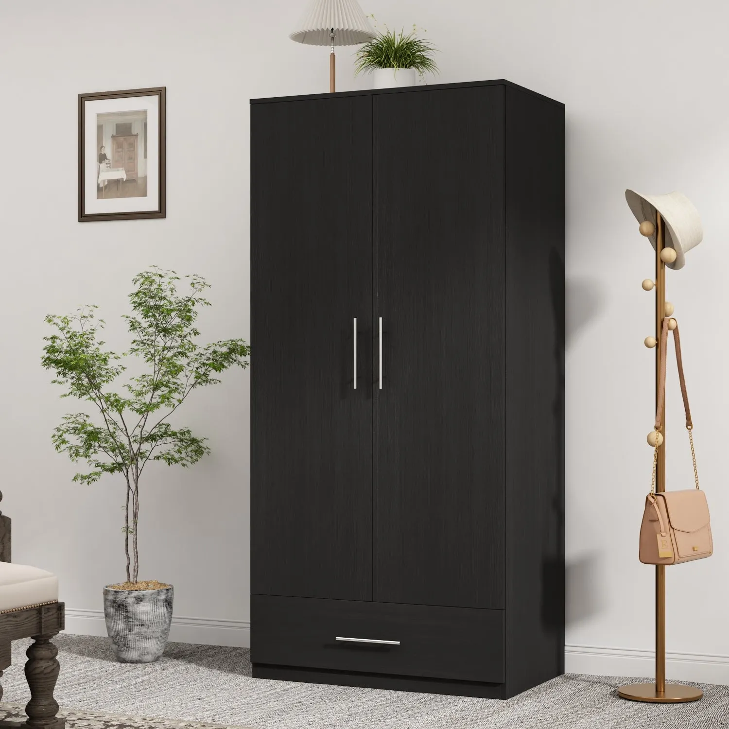 2-Door Wardrobe Cabinet with 1 Drawer Armoire for Bedroom Storage