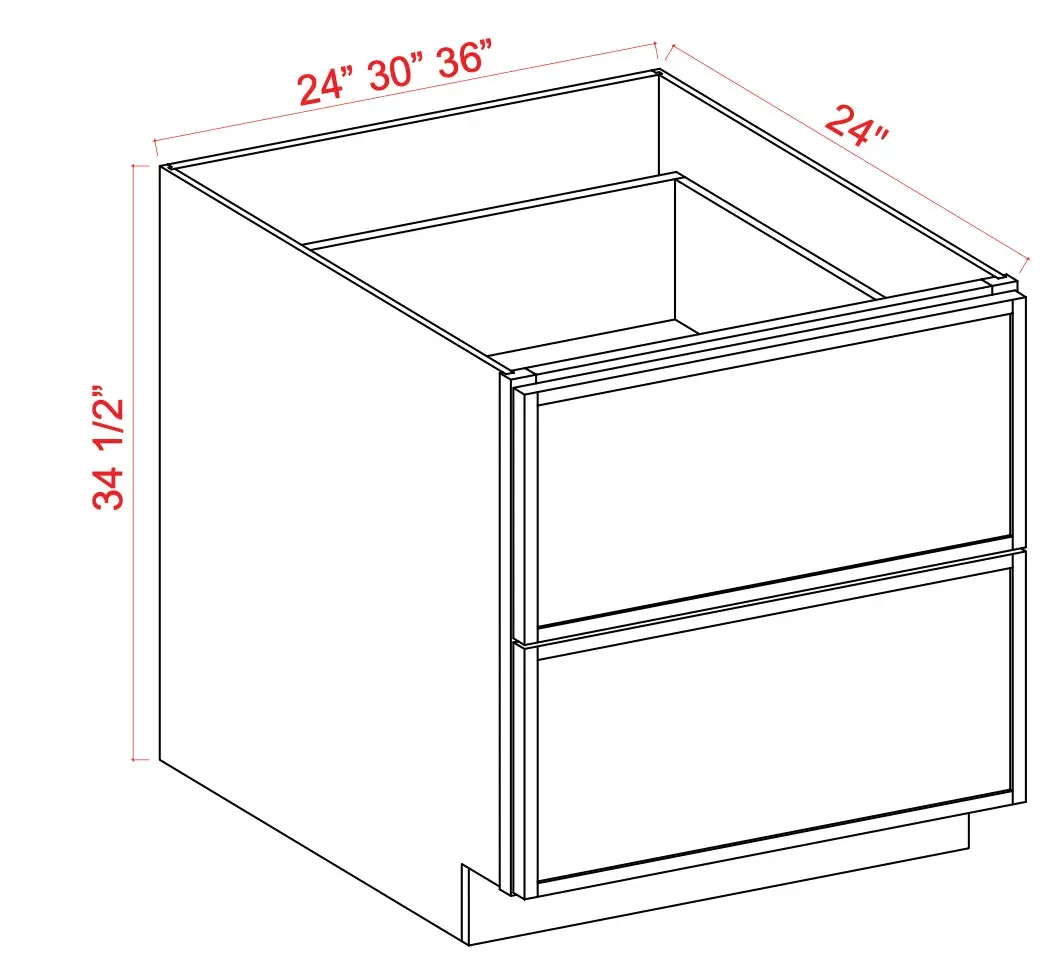 2 Drawer Base Cabinet 24"-36" - Shaker Slim