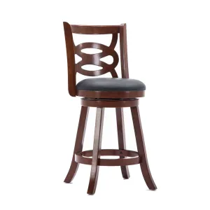 24 Inches Swivel Wooden Counter Stool With Geometric Back, Brown By Benzara