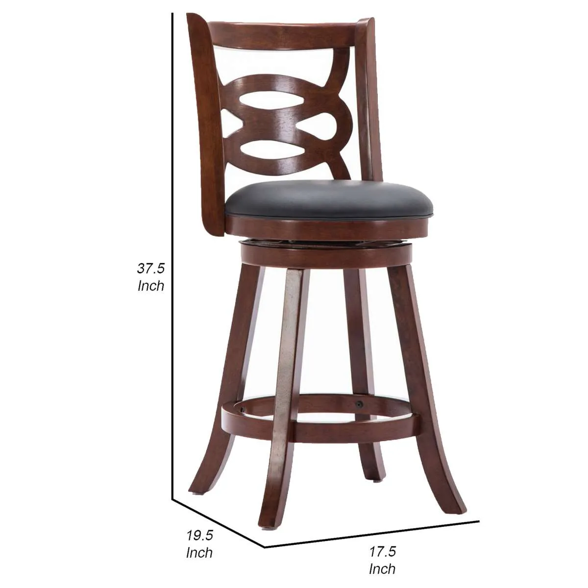 24 Inches Swivel Wooden Counter Stool With Geometric Back, Brown By Benzara