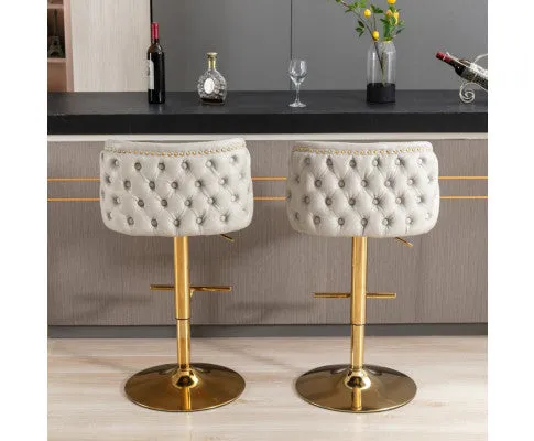 2x Faux Leather Golden Base Swivel Bar Stools- Beige