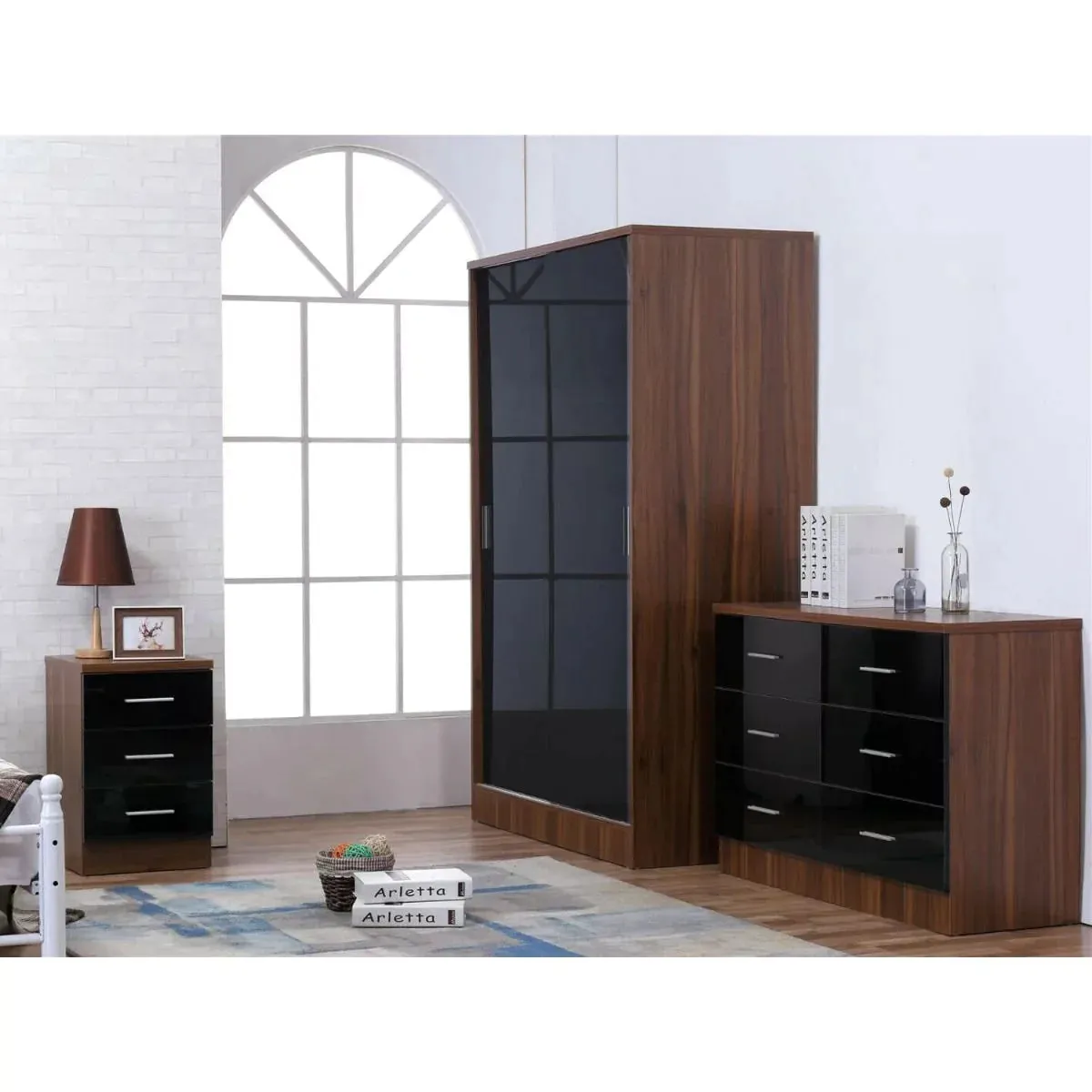 3 Piece Reflect XL 2 Door Sliding Wardrobe Set - Black & Walnut