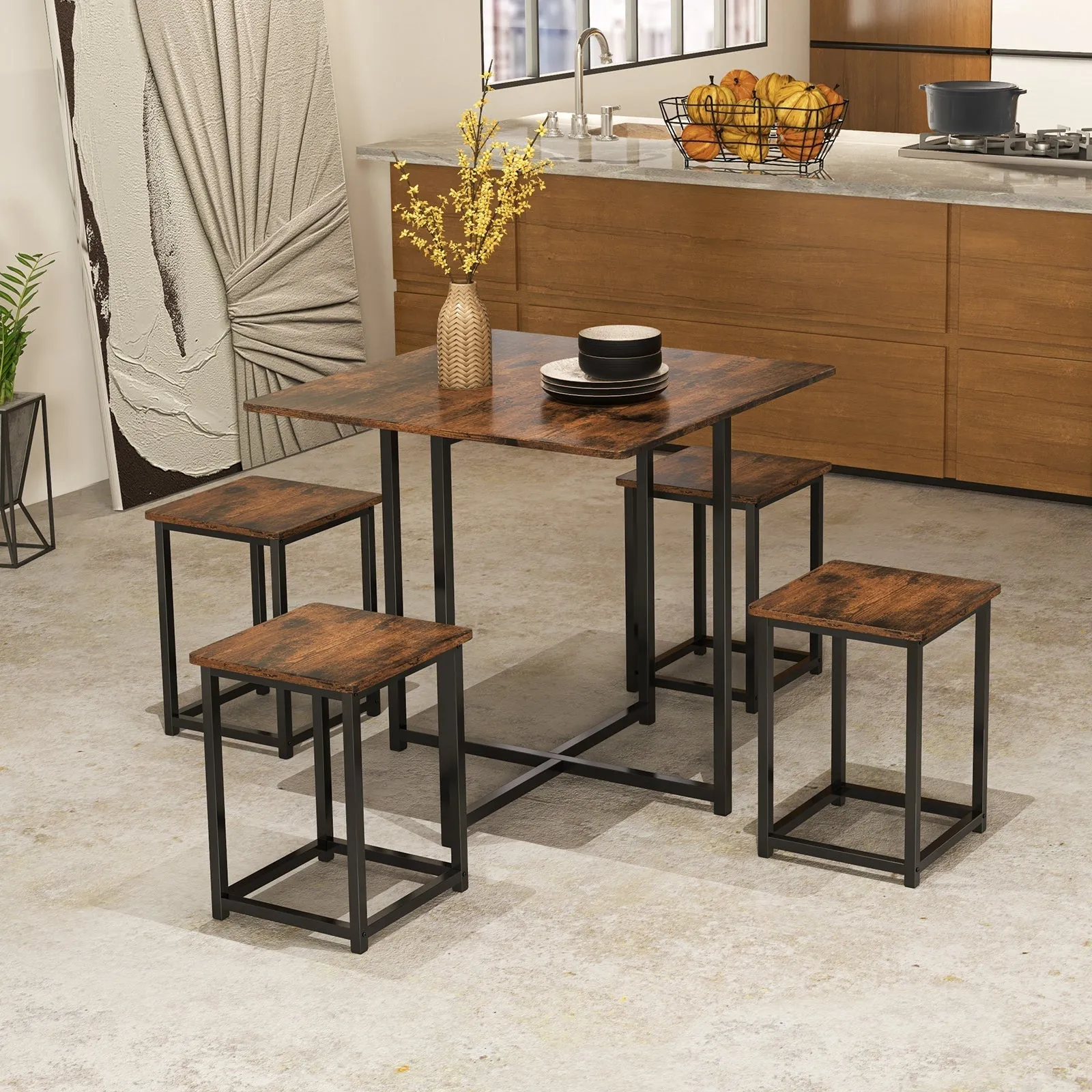 5-Piece Dining Table Setwith 4 Square Stools for Breakfast Nook-Rustic Brown