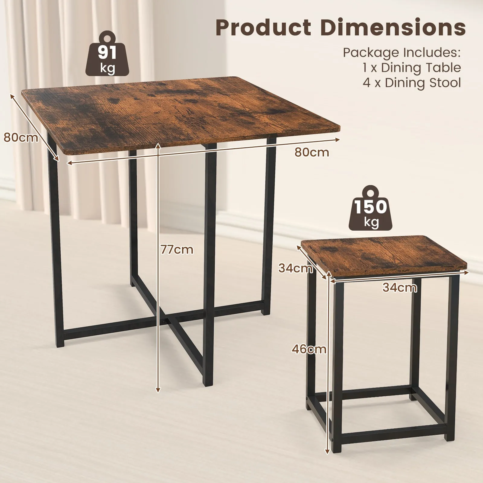 5-Piece Dining Table Setwith 4 Square Stools for Breakfast Nook-Rustic Brown