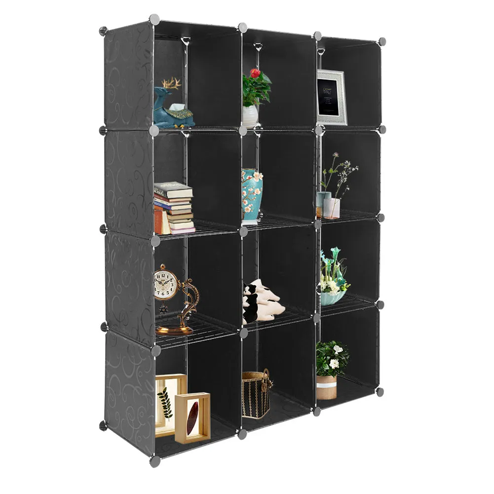 AMYOVE 12-cube Storage Shelf DIY Stackable Bookshelf Cabinet Storage Organizer Black