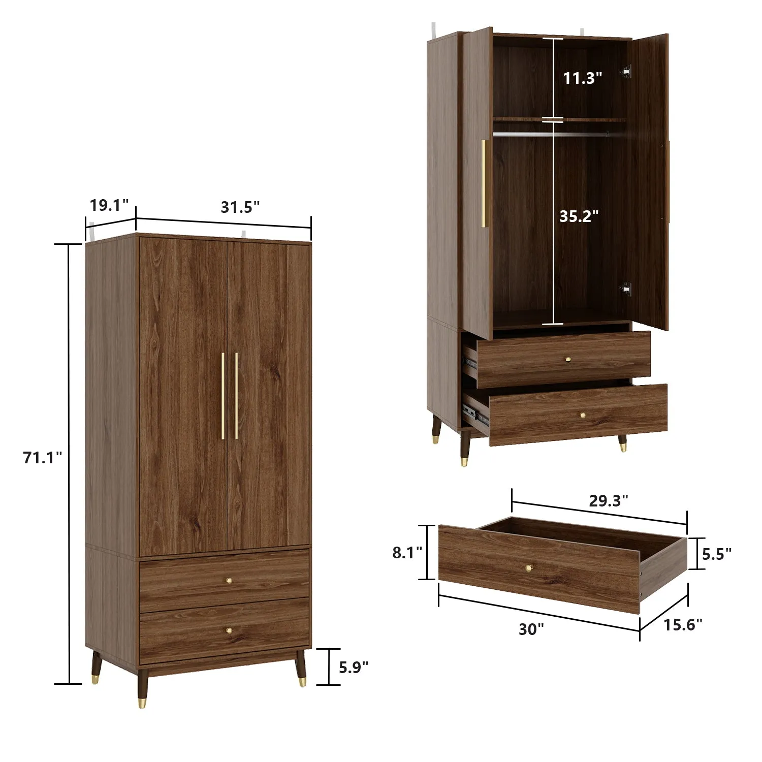 Armoire Modern Large Storage Closet 2-Door 2-Drawer