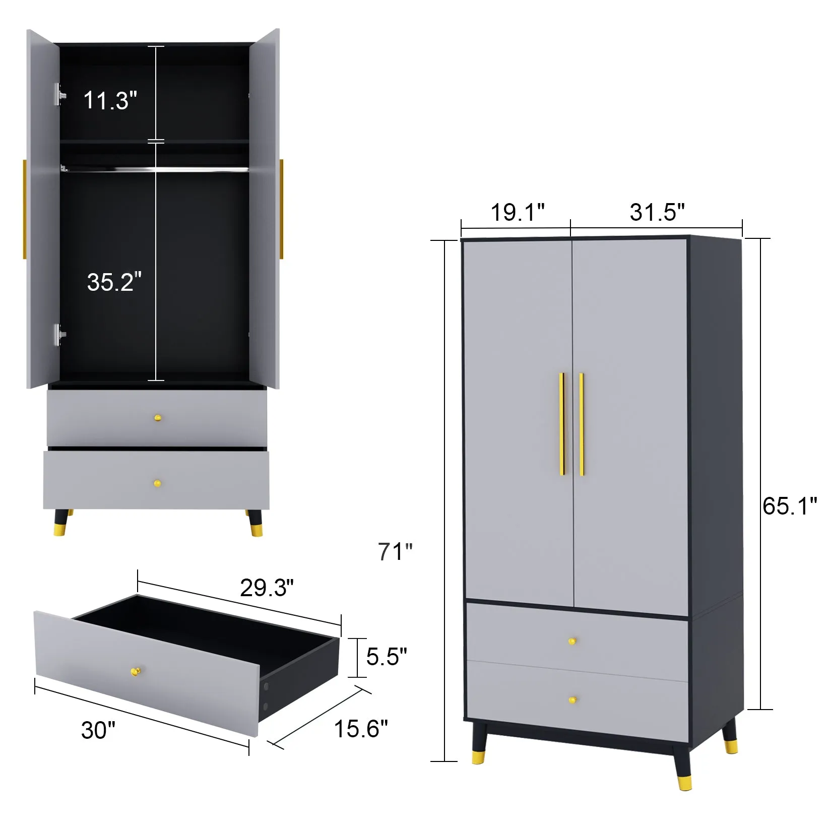 Armoire Modern Large Storage Closet 2-Door 2-Drawer