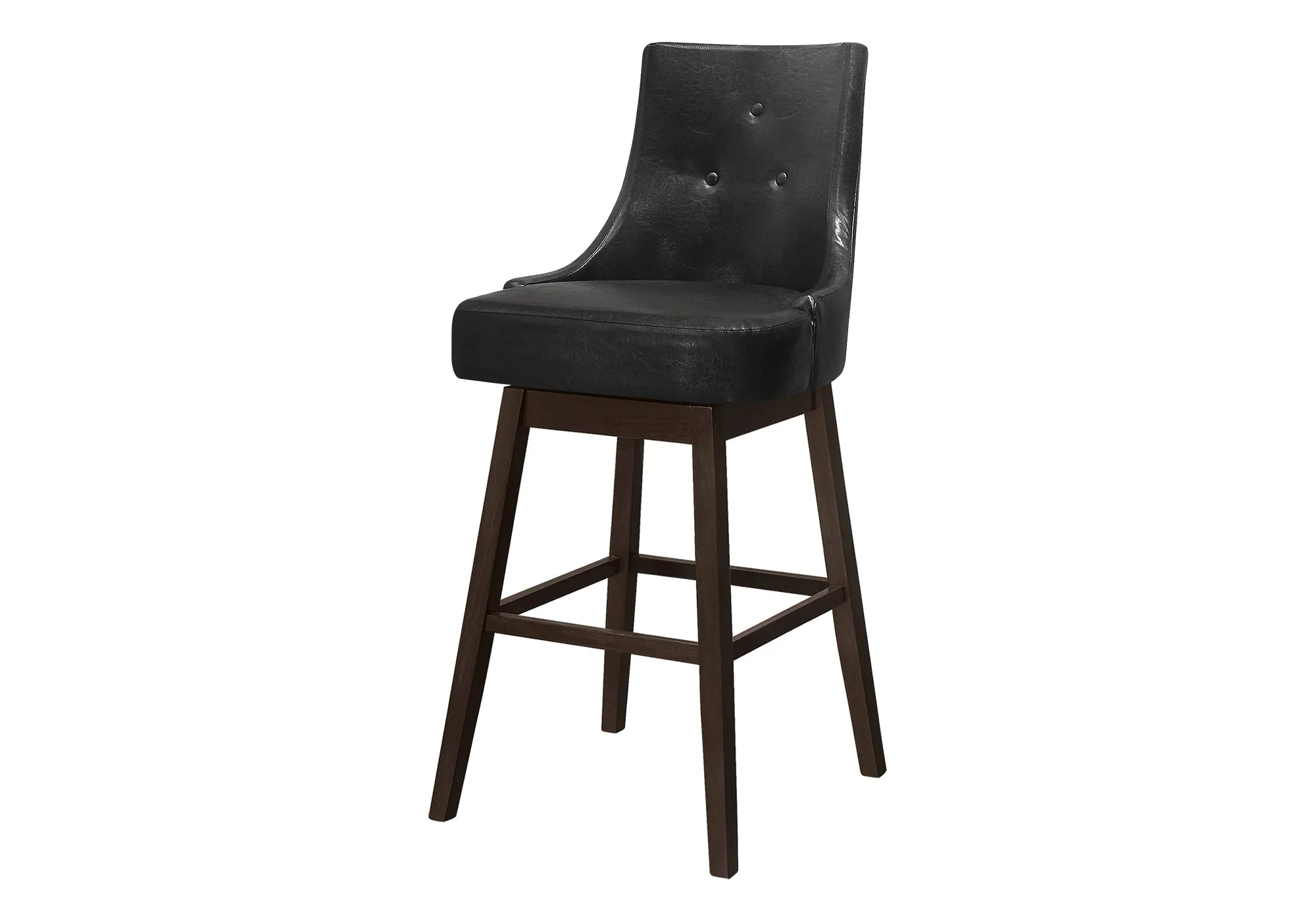 Bar Stool, Set Of 2, Swivel, Bar Height, Brown Wood, Black Leather Look, Transitional