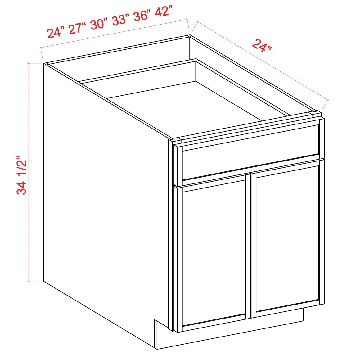 Base Cabinet 30"-42" - Double Door Double Drawer - Shaker Slim