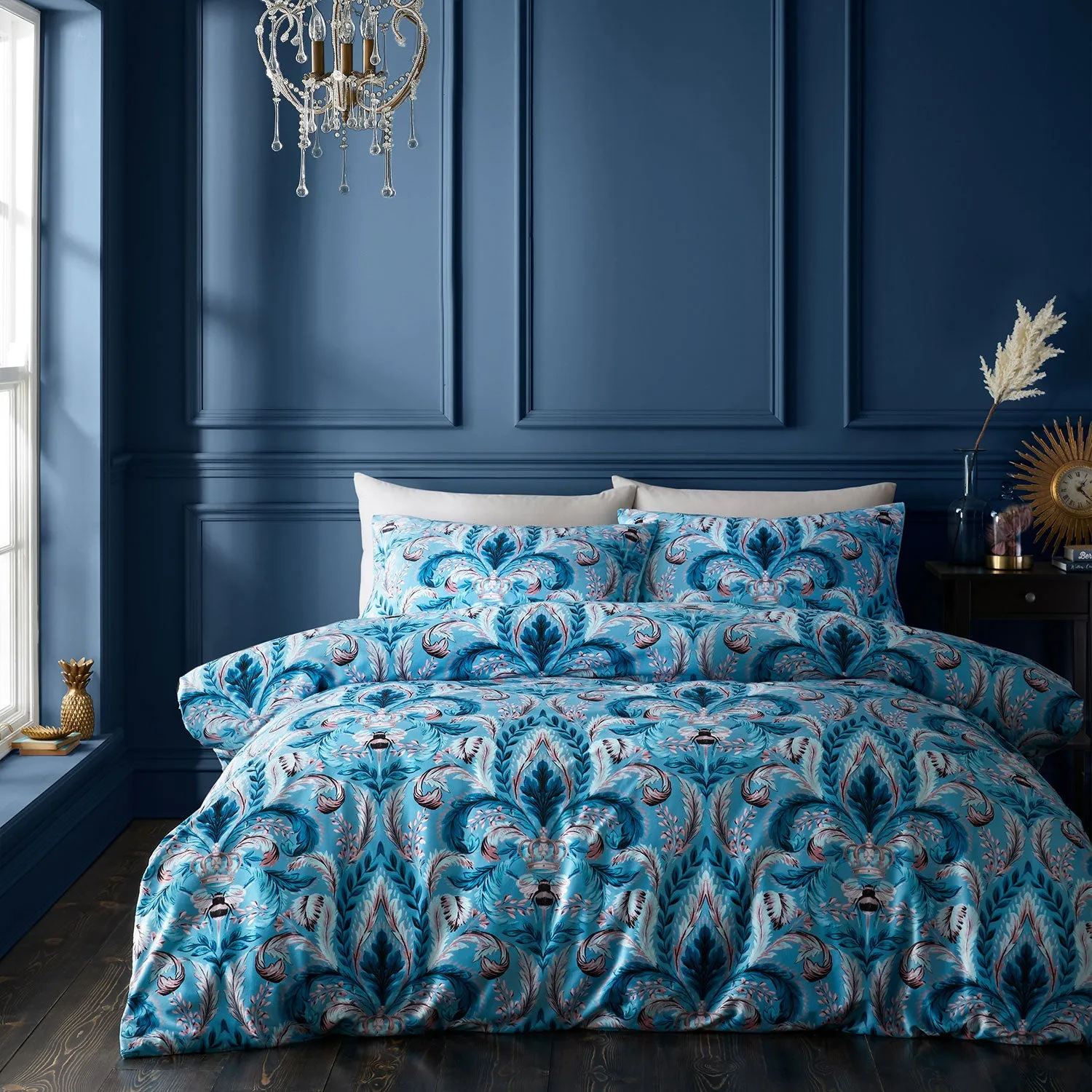 Bridgerton By Catherine Lansfield Regency Damask Teal Velvet Duvet Set