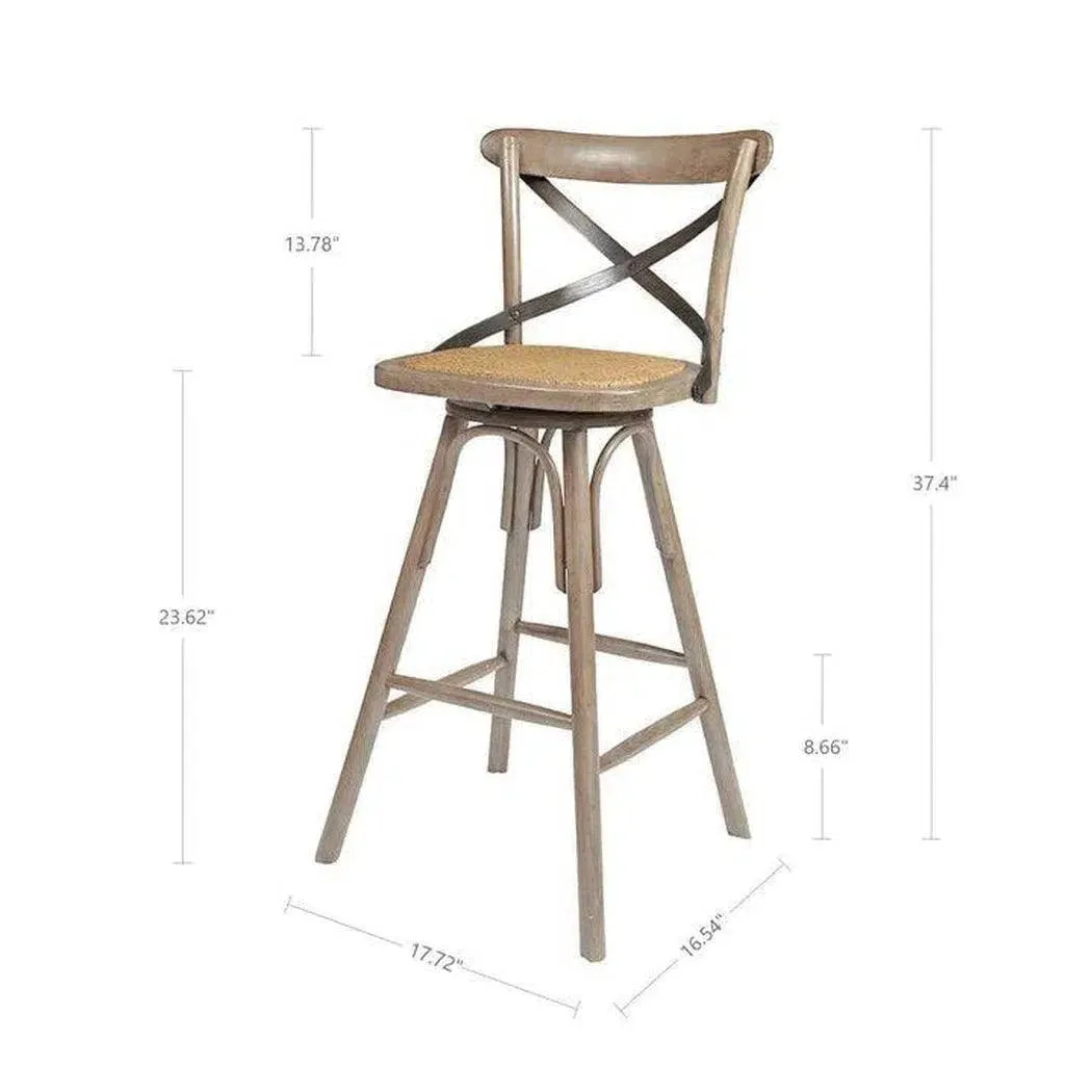 Brown Rattan Wood Seat Over Base Swivel Counter Height Stool