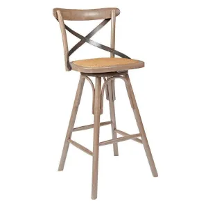 Brown Rattan Wood Seat Over Base Swivel Counter Height Stool