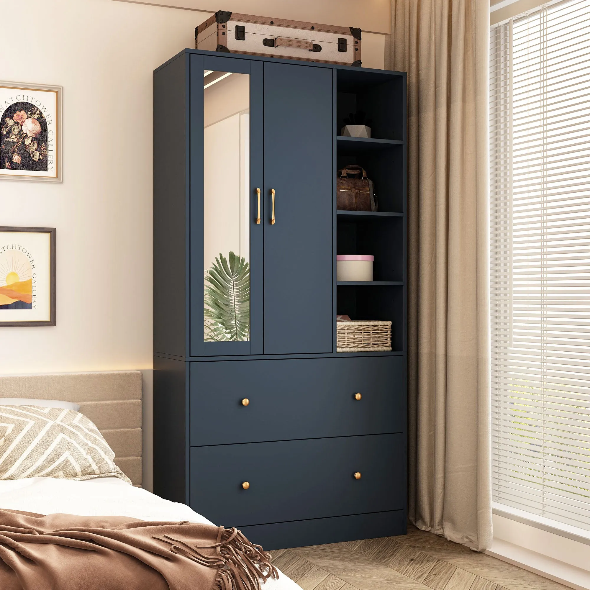 Closet Storage Wardrobe 2-Door 2-Drawer 1-Mirror for Bedroom