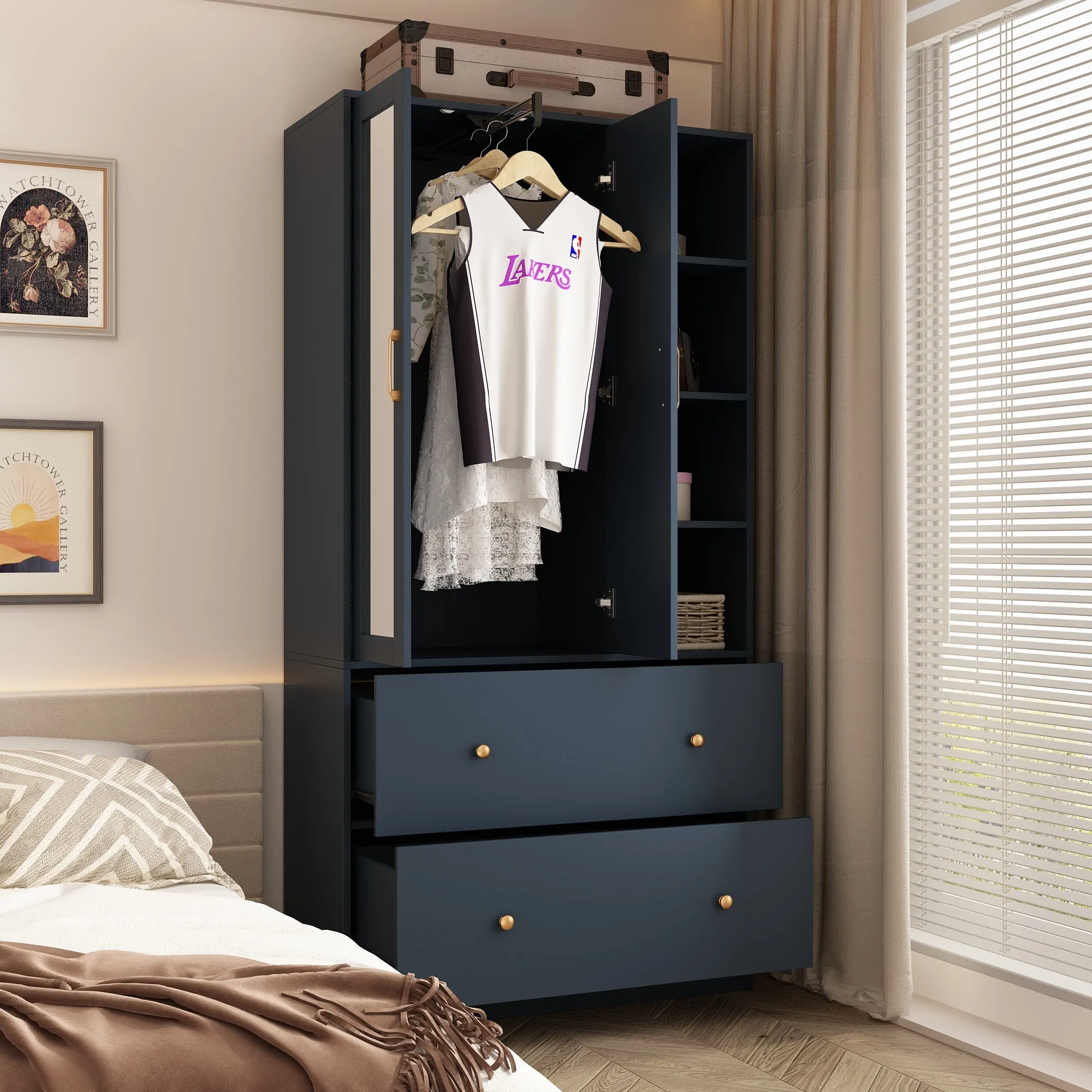 Closet Storage Wardrobe 2-Door 2-Drawer 1-Mirror for Bedroom