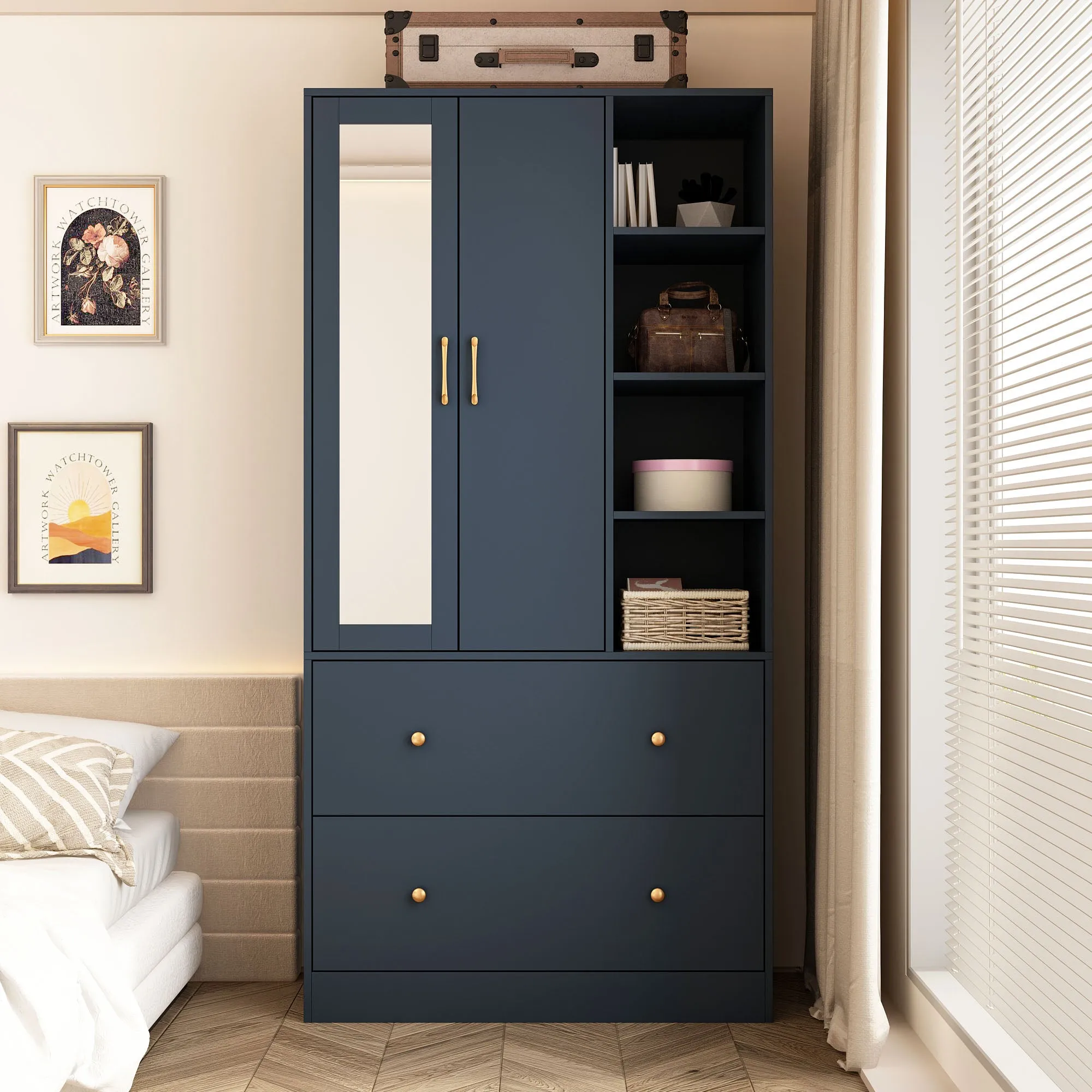 Closet Storage Wardrobe 2-Door 2-Drawer 1-Mirror for Bedroom