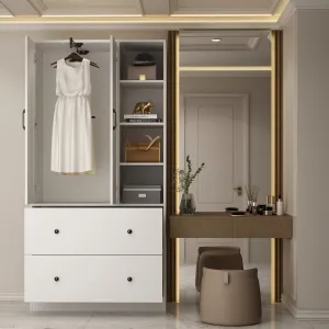 Closet Storage Wardrobe 2-Door 2-Drawer 1-Mirror for Bedroom