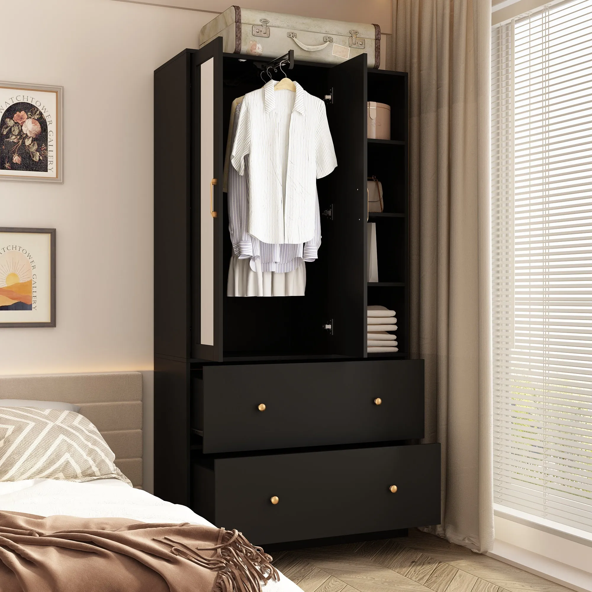 Closet Storage Wardrobe 2-Door 2-Drawer 1-Mirror for Bedroom