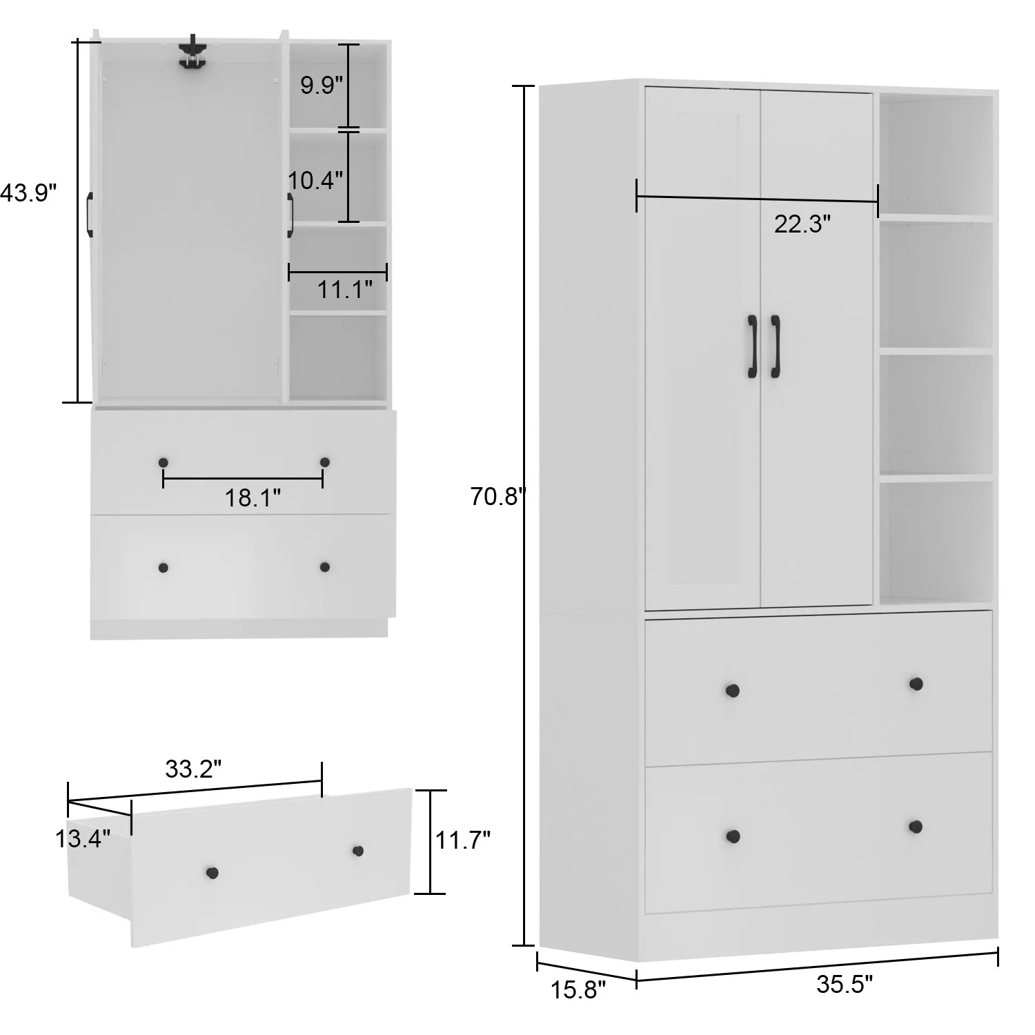 Closet Storage Wardrobe 2-Door 2-Drawer 1-Mirror for Bedroom