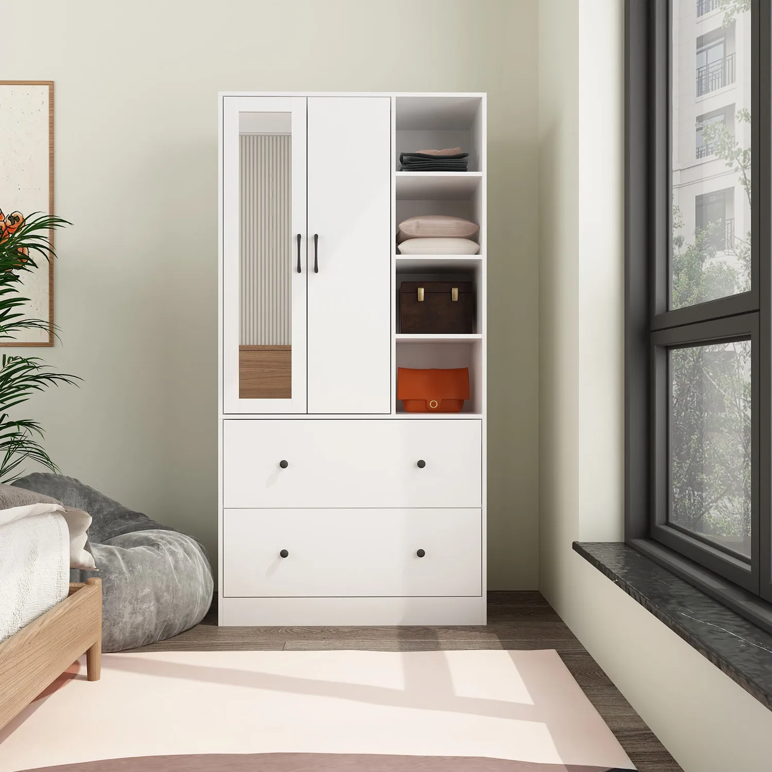 Closet Storage Wardrobe 2-Door 2-Drawer 1-Mirror for Bedroom