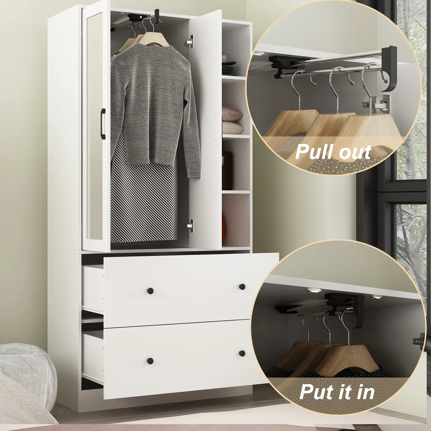 Closet Storage Wardrobe 2-Door 2-Drawer 1-Mirror for Bedroom