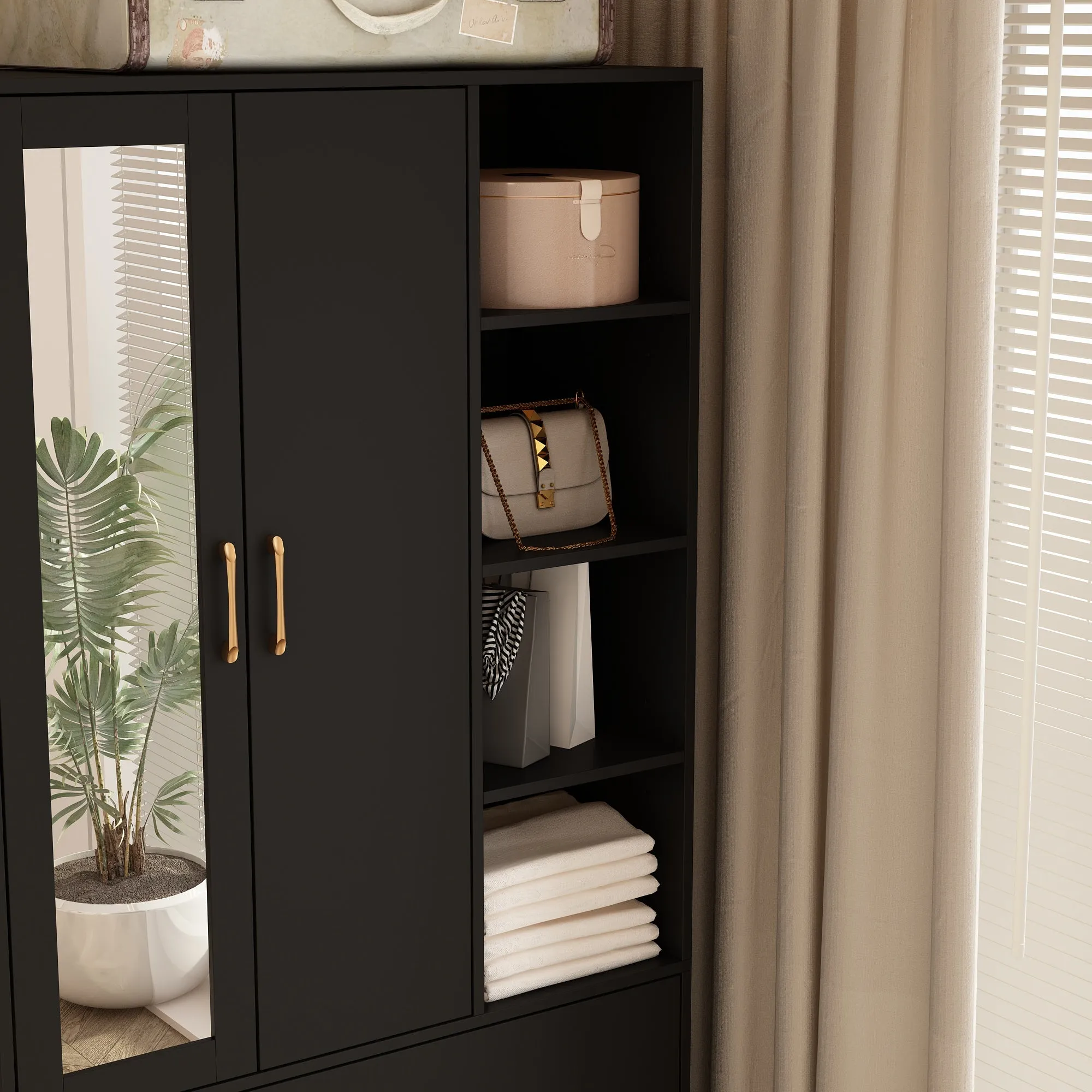 Closet Storage Wardrobe 2-Door 2-Drawer 1-Mirror for Bedroom