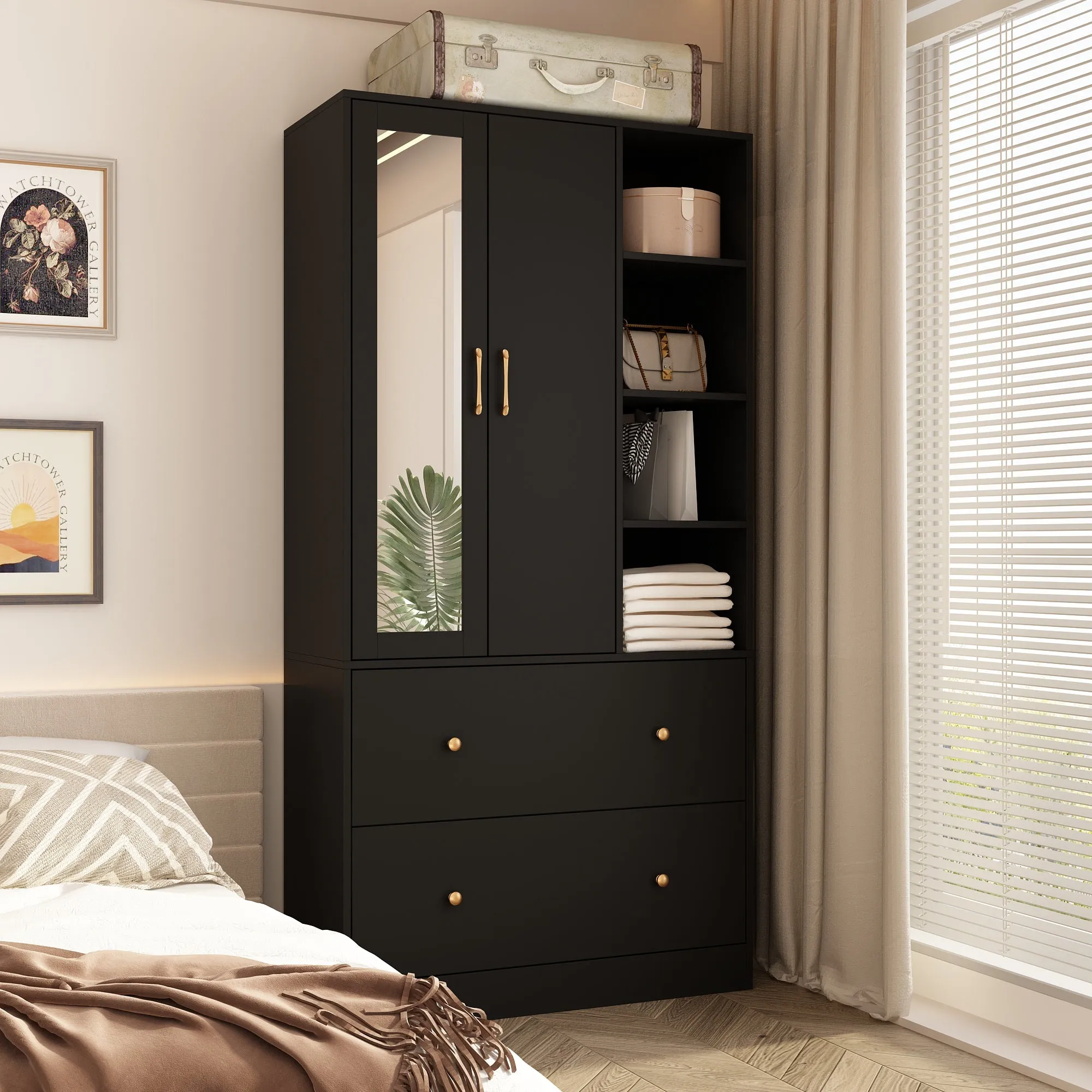 Closet Storage Wardrobe 2-Door 2-Drawer 1-Mirror for Bedroom