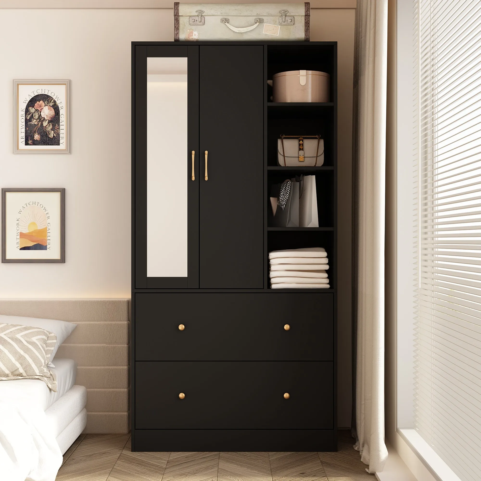 Closet Storage Wardrobe 2-Door 2-Drawer 1-Mirror for Bedroom