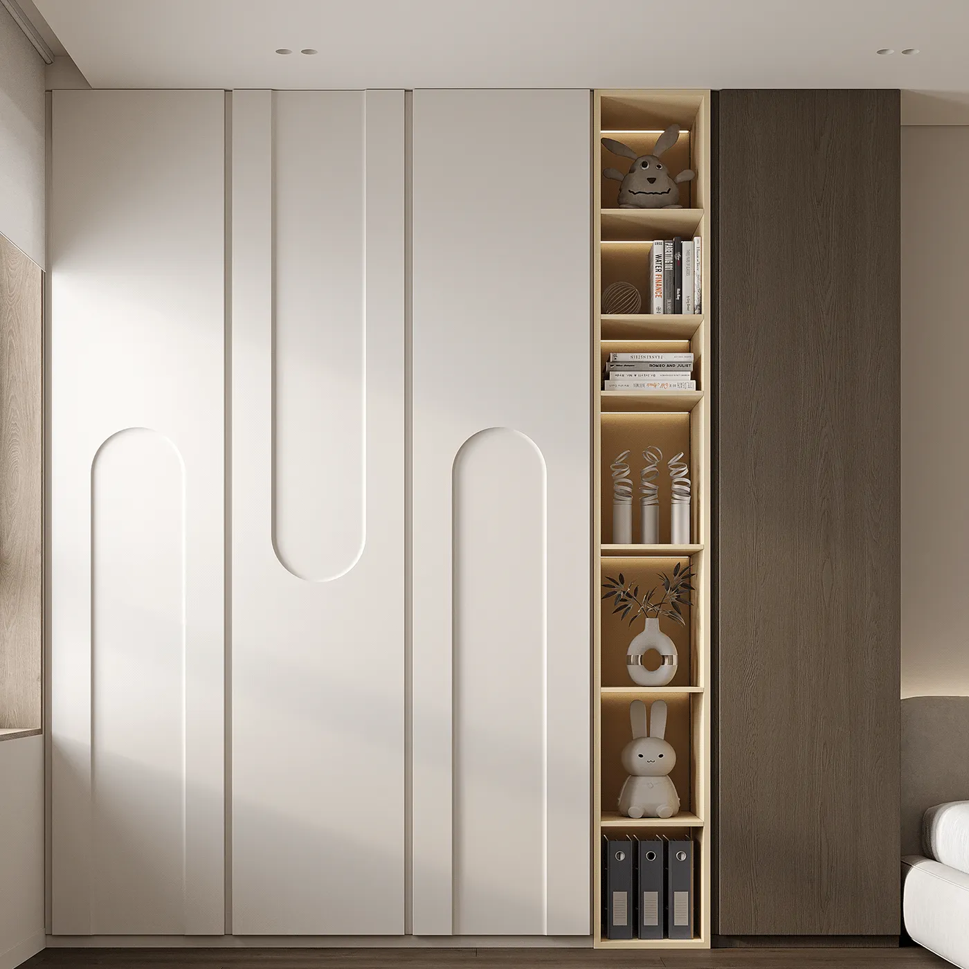 Contemporary Wardrobe With Geometric Paneling And Illuminated Display Shelves