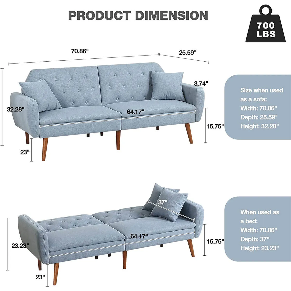 Convertible Futon Sofa Bed with Adjustable Backrest Linen Couch Loveseat Blue