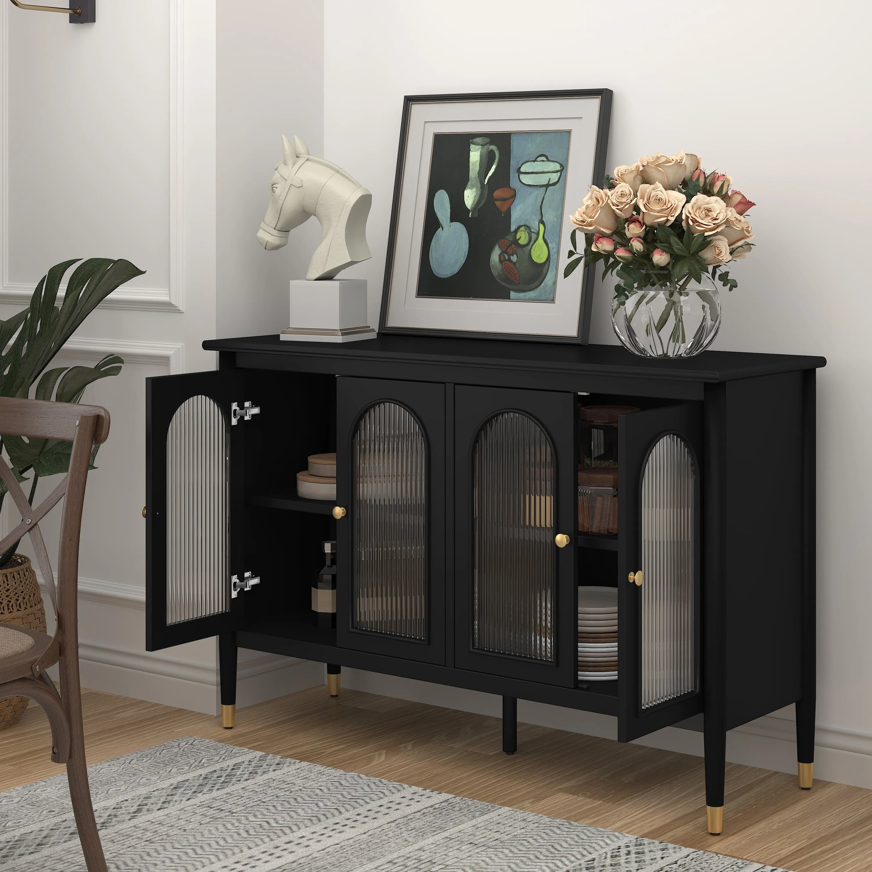 cozy 47.6" Storage Cabinets with 4 Arched Glass Doors, Side Board Buffet Cabinet for Living Room, Black