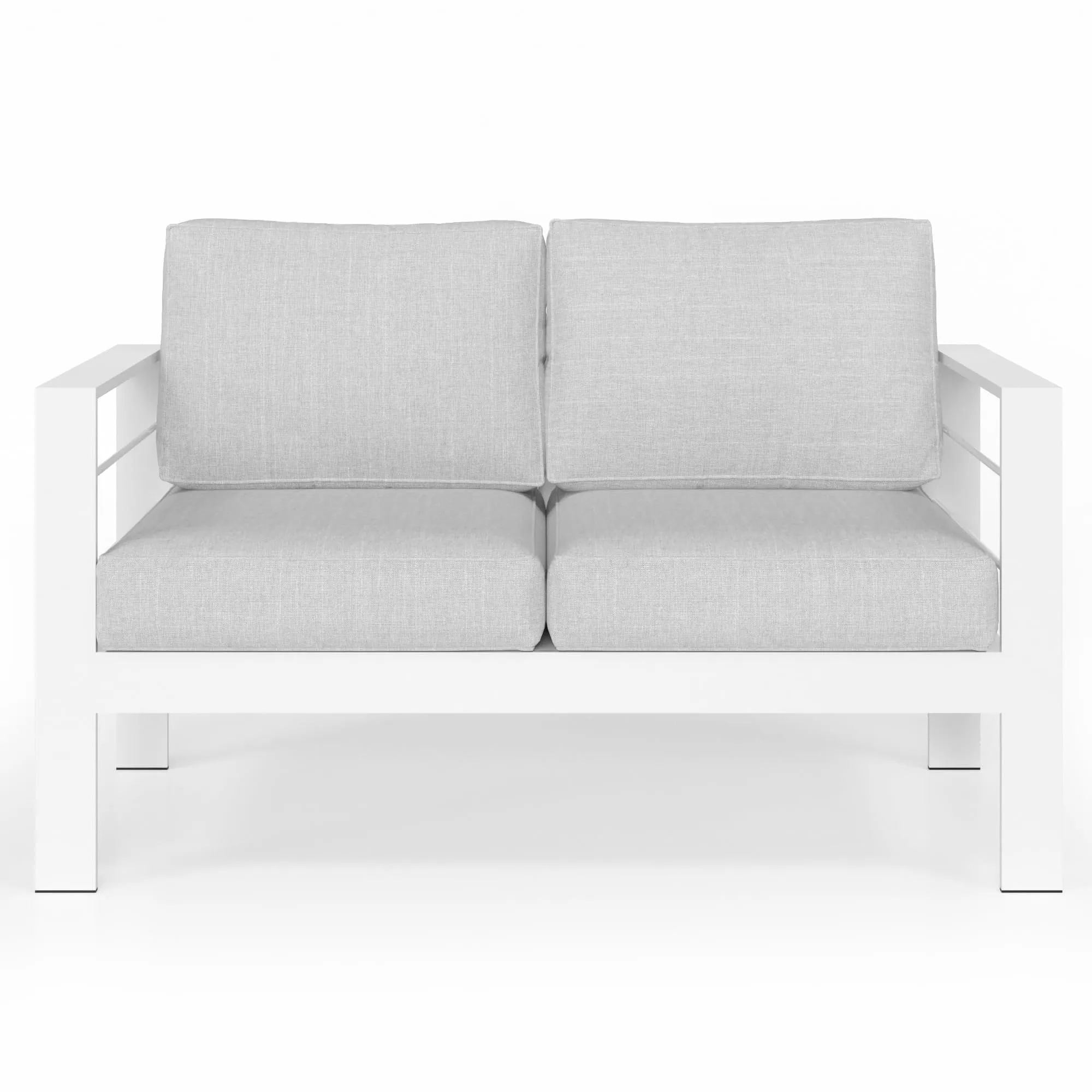 CozyHom 2 Seats Outdoor Patio Aluminum Loveseat Furniture Set, Contemporary All-Weather Patio Conversation Chair Set With Cushions, White