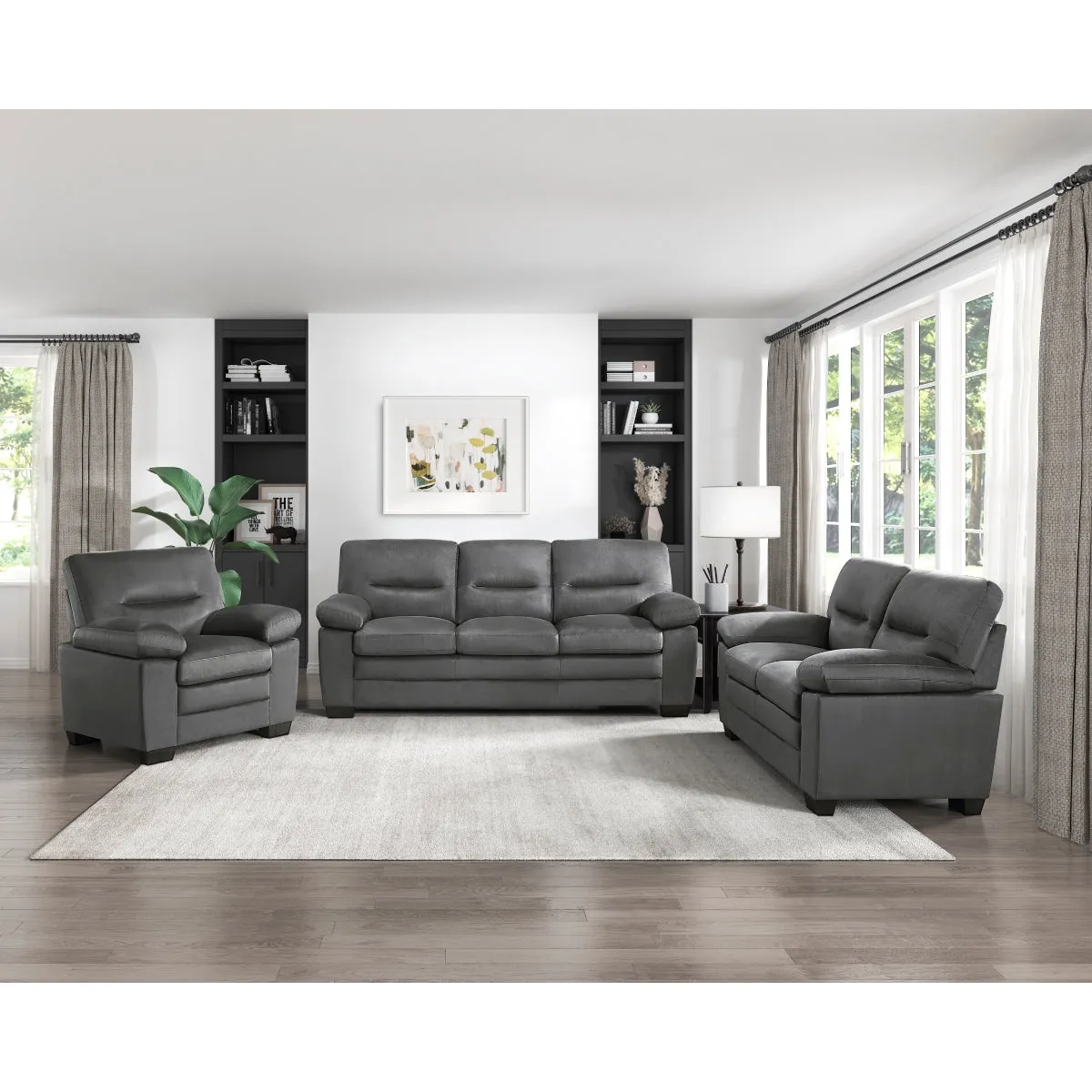 Dark Gray Textured Fabric Love Seat with Faux Wood Finish