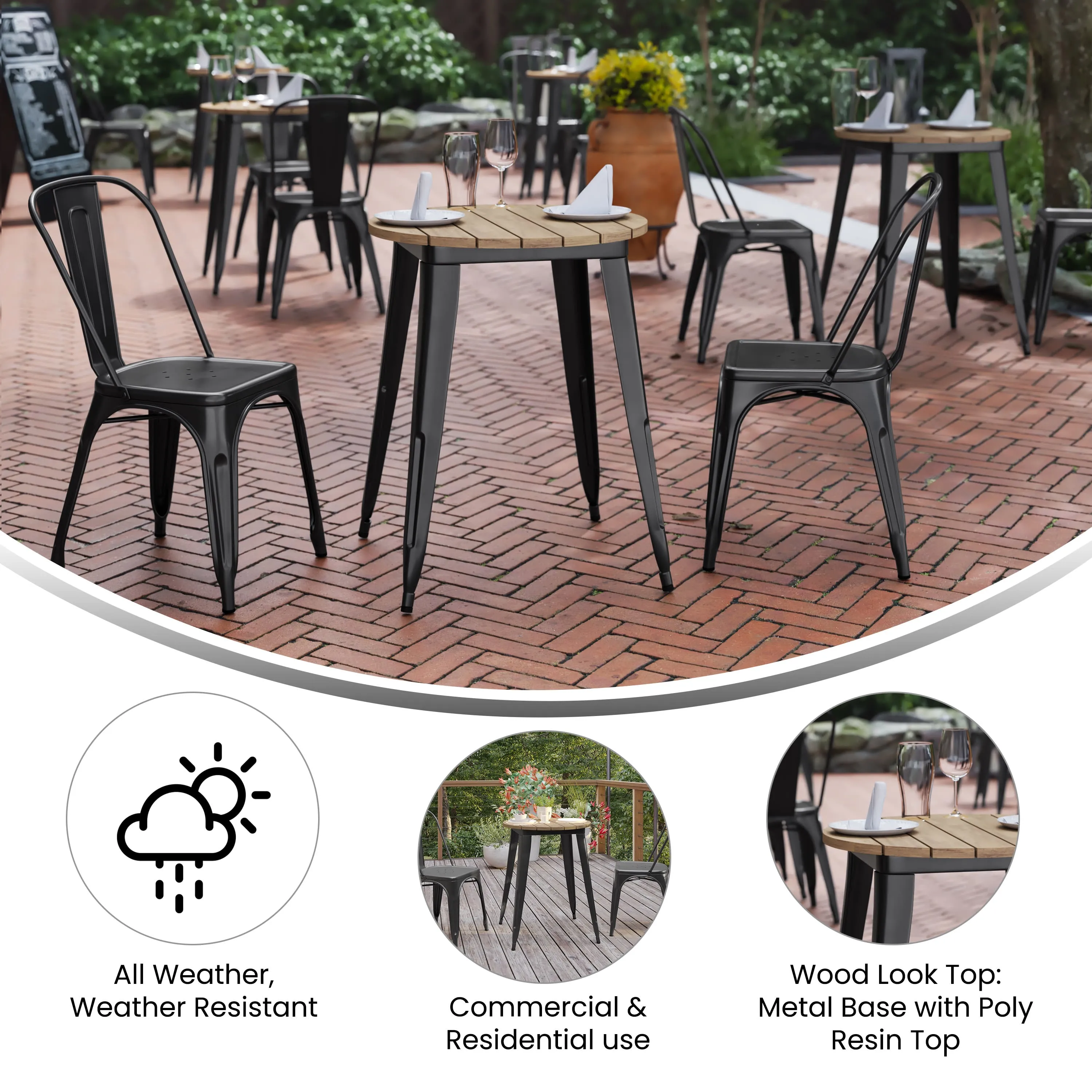 Declan Commercial Grade Indoor/Outdoor Dining Table, 23.75" Round All Weather Poly Resin Top with Steel Base