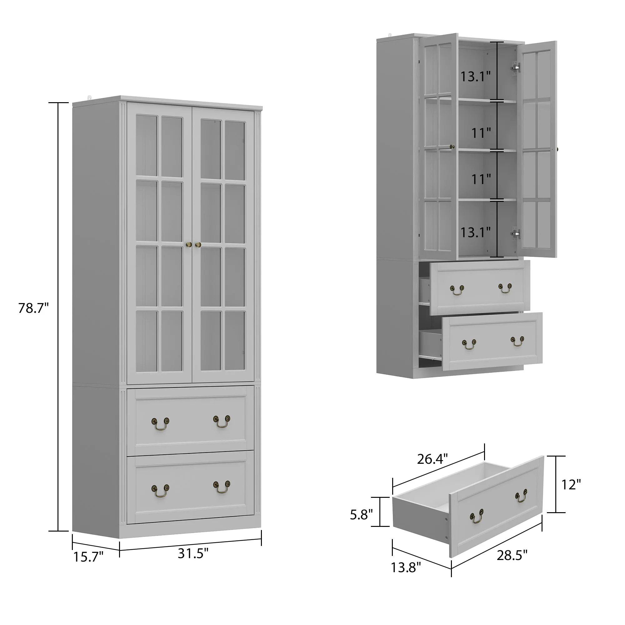 Display Cabinet Bookshelf with 2 Drawers and Glass Doors