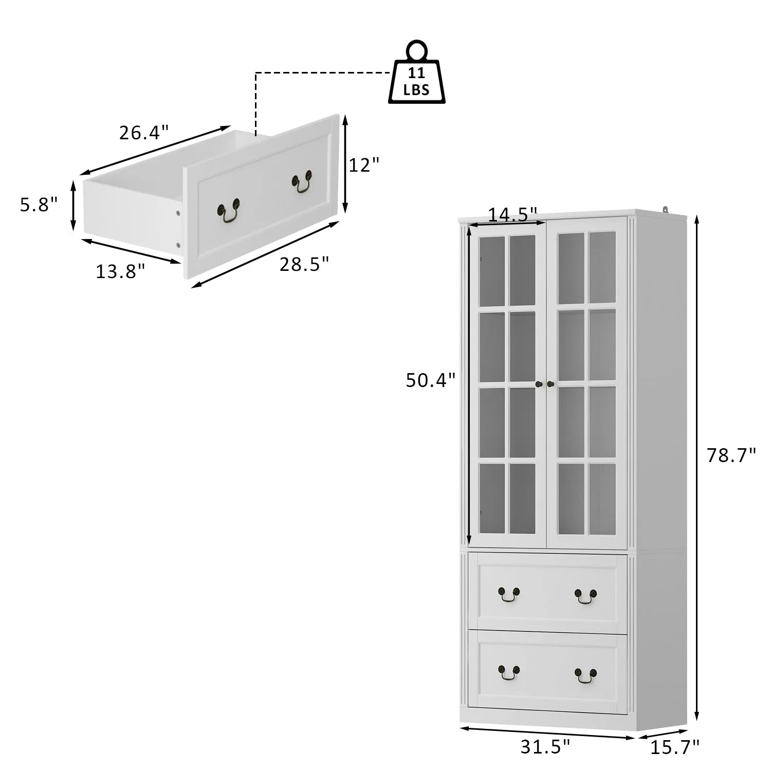 Display Cabinet Bookshelf with 2 Drawers and Glass Doors