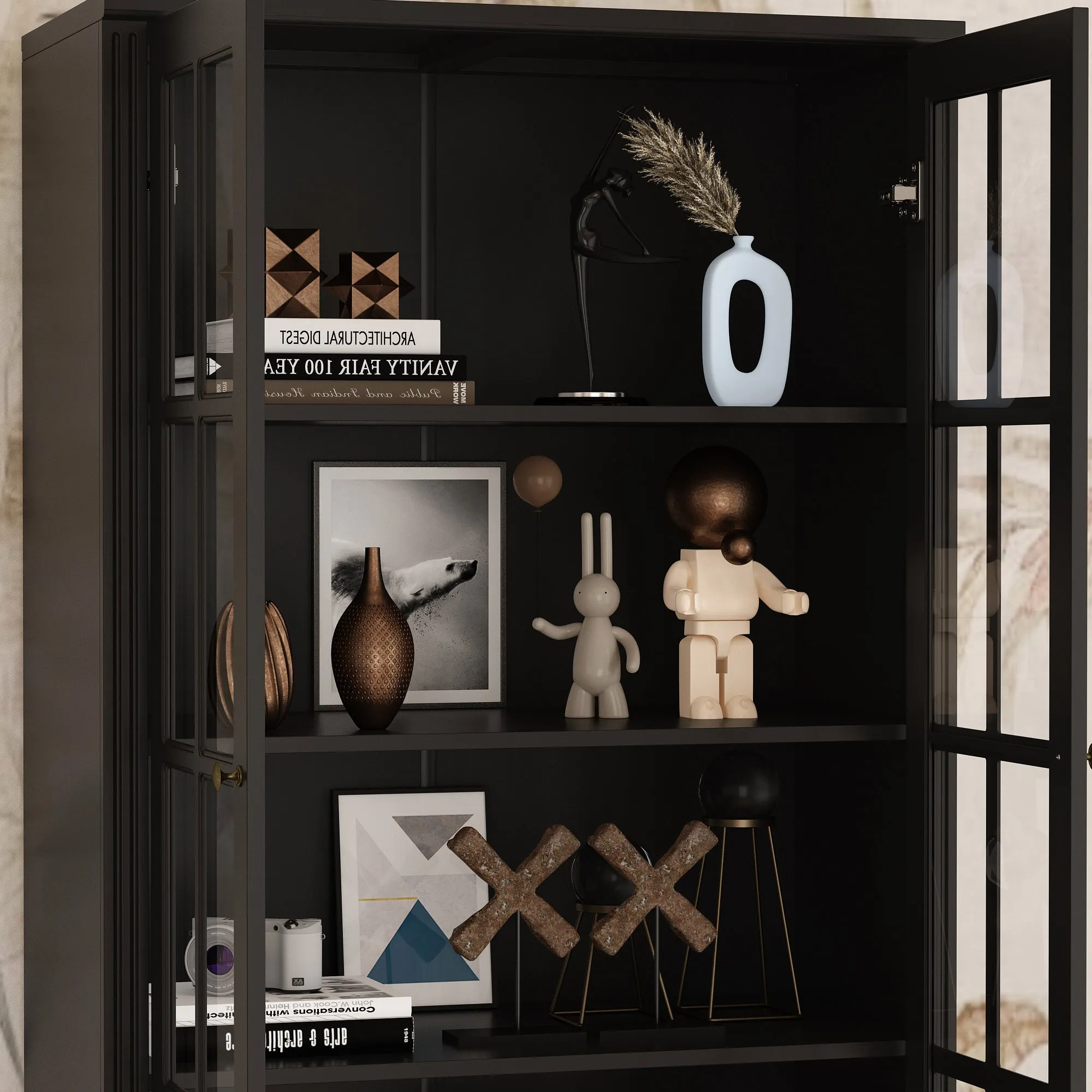 Display Cabinet Bookshelf with 2 Drawers and Glass Doors