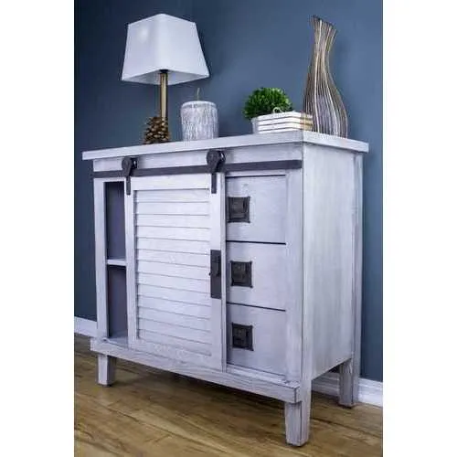 Distressed Light Grey Barn Door Accent Cabinet with Drawers