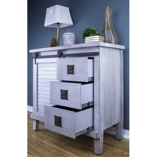 Distressed Light Grey Barn Door Accent Cabinet with Drawers