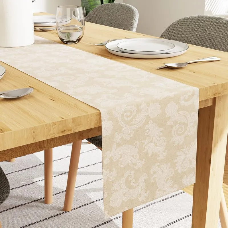 Encasa Dining Table Runner for 4 to 6 Seater I Size 32x183 cm | - Floral Beige Jacquard Style Print on Homespun Cotton | Fast Colours, Machine Washable