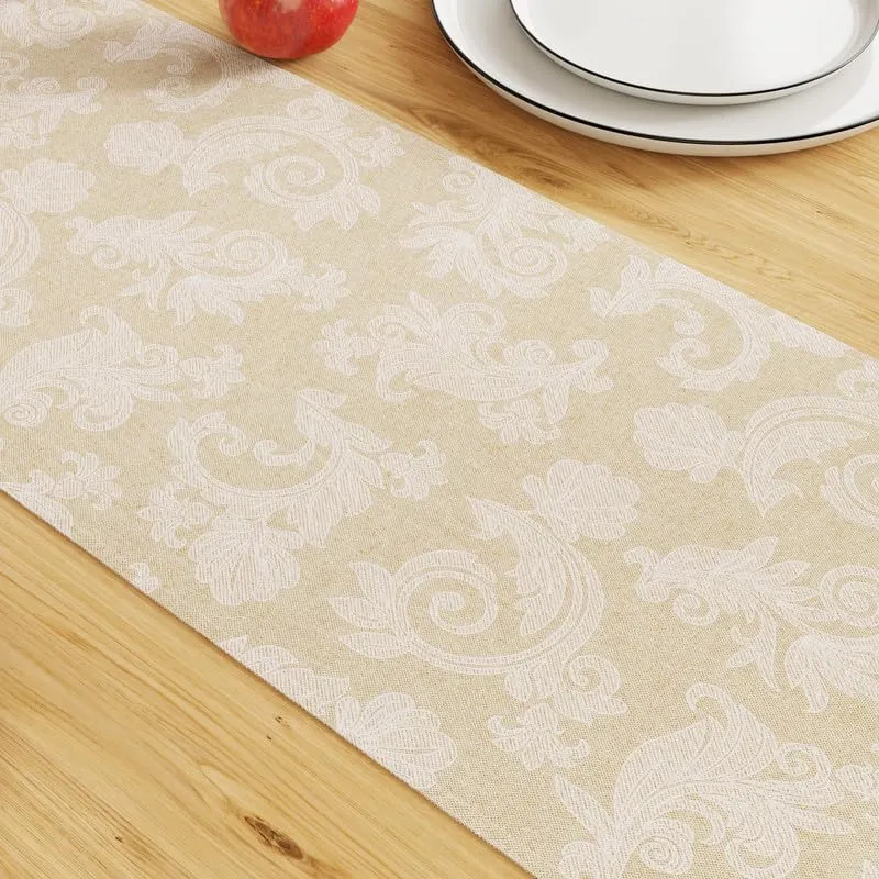 Encasa Dining Table Runner for 4 to 6 Seater I Size 32x183 cm | - Floral Beige Jacquard Style Print on Homespun Cotton | Fast Colours, Machine Washable