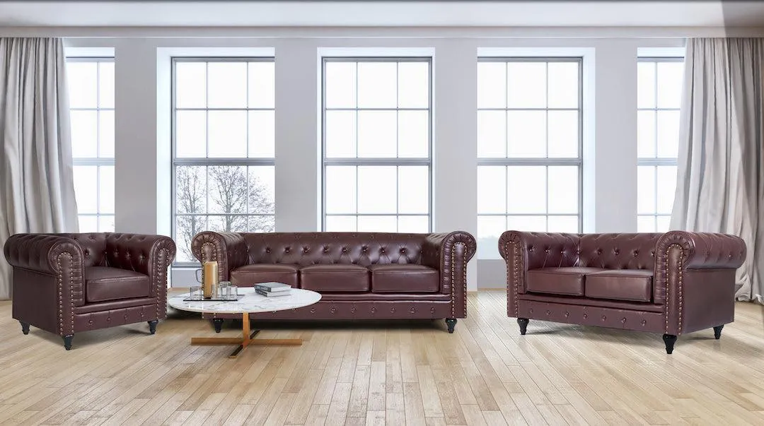 Faux Leather Chesterfield Sofa Suite - Brown